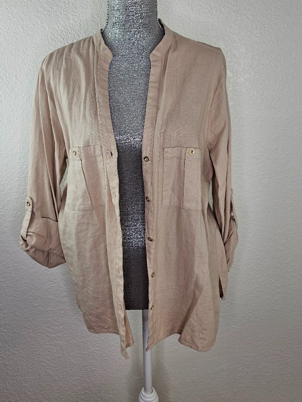 ZARA Linen Blend Roll Tab Sleeve Button Up Shirt Size XL